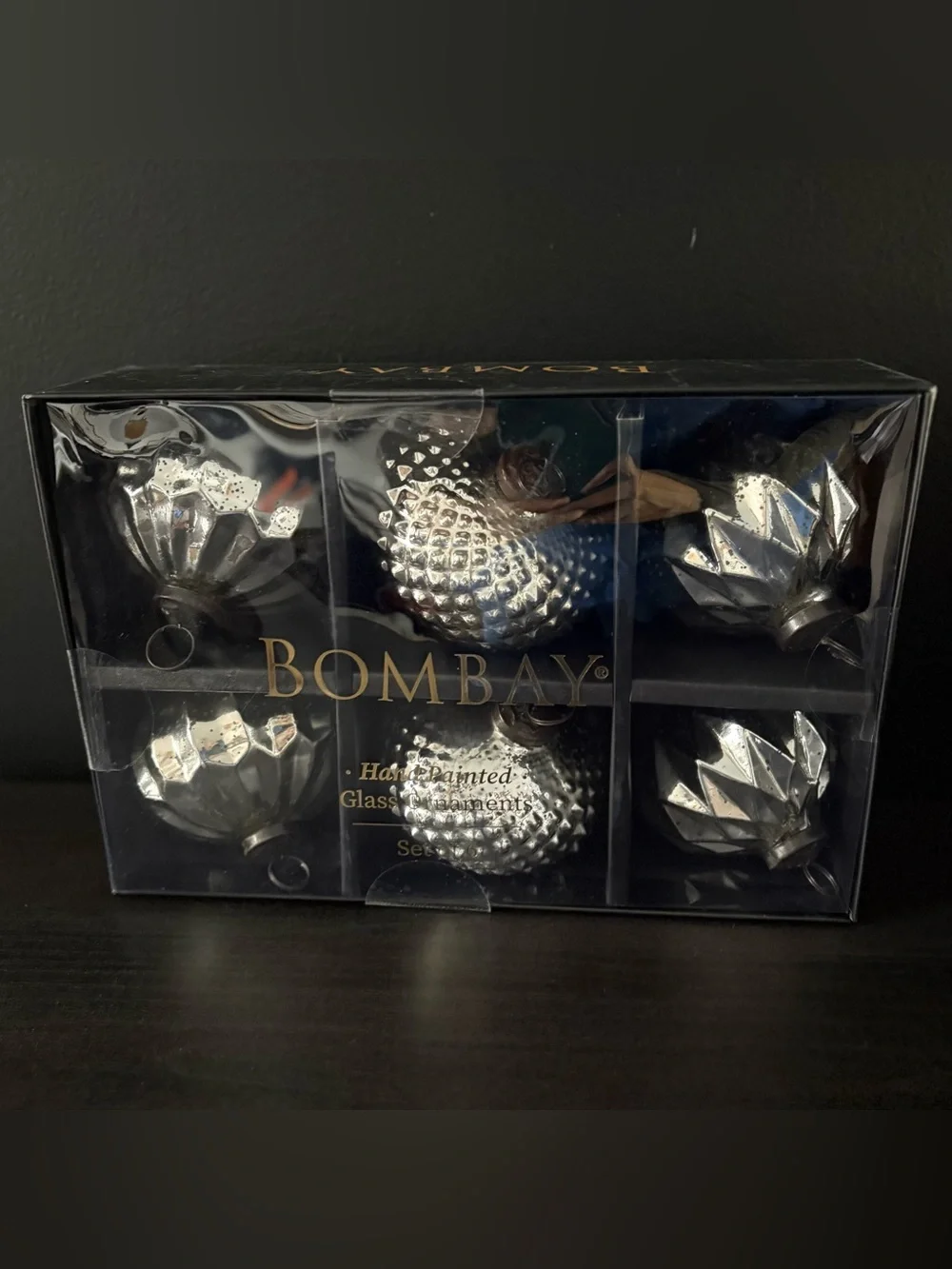 NEW Bombay Silver Hand Painted 6-Pack Glass Ornament Set Made in India